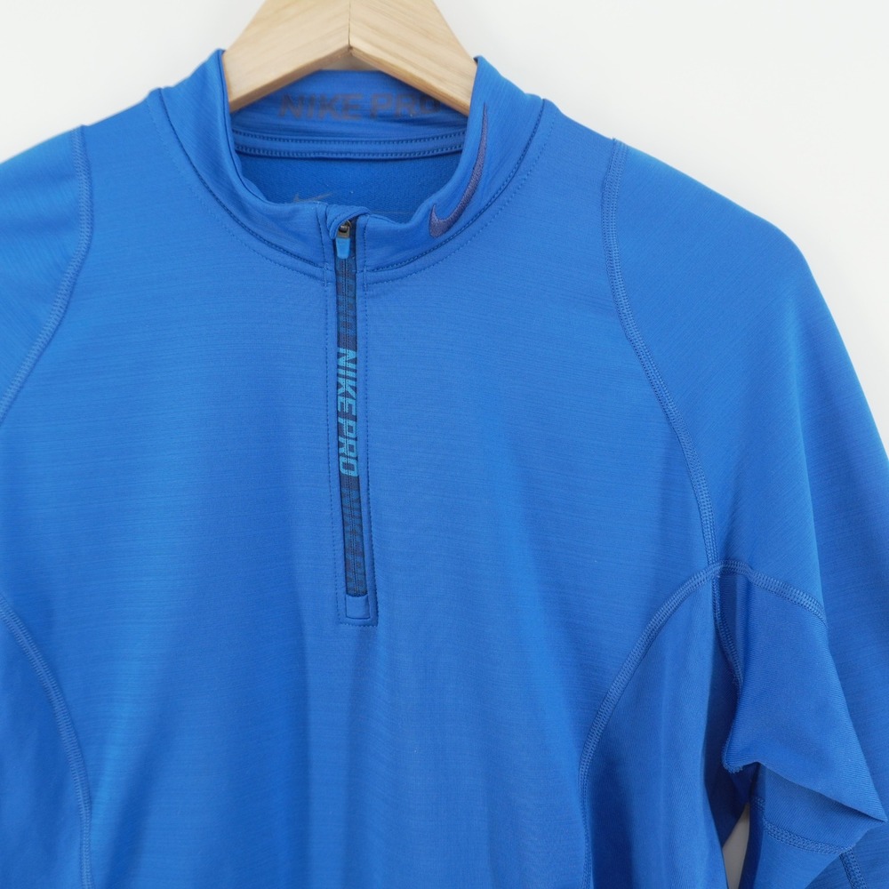 Nike Pro Hyperwarm Quarter Zip Mens Medium Blue Fitted Long Sleeve Thumbholes